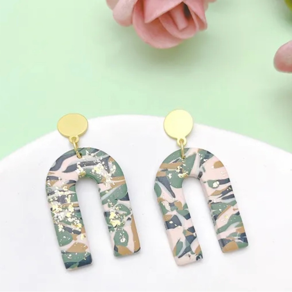 Boho Style Lightweight Green Gold Rainbow Soft Clay Statement Drop Earrings